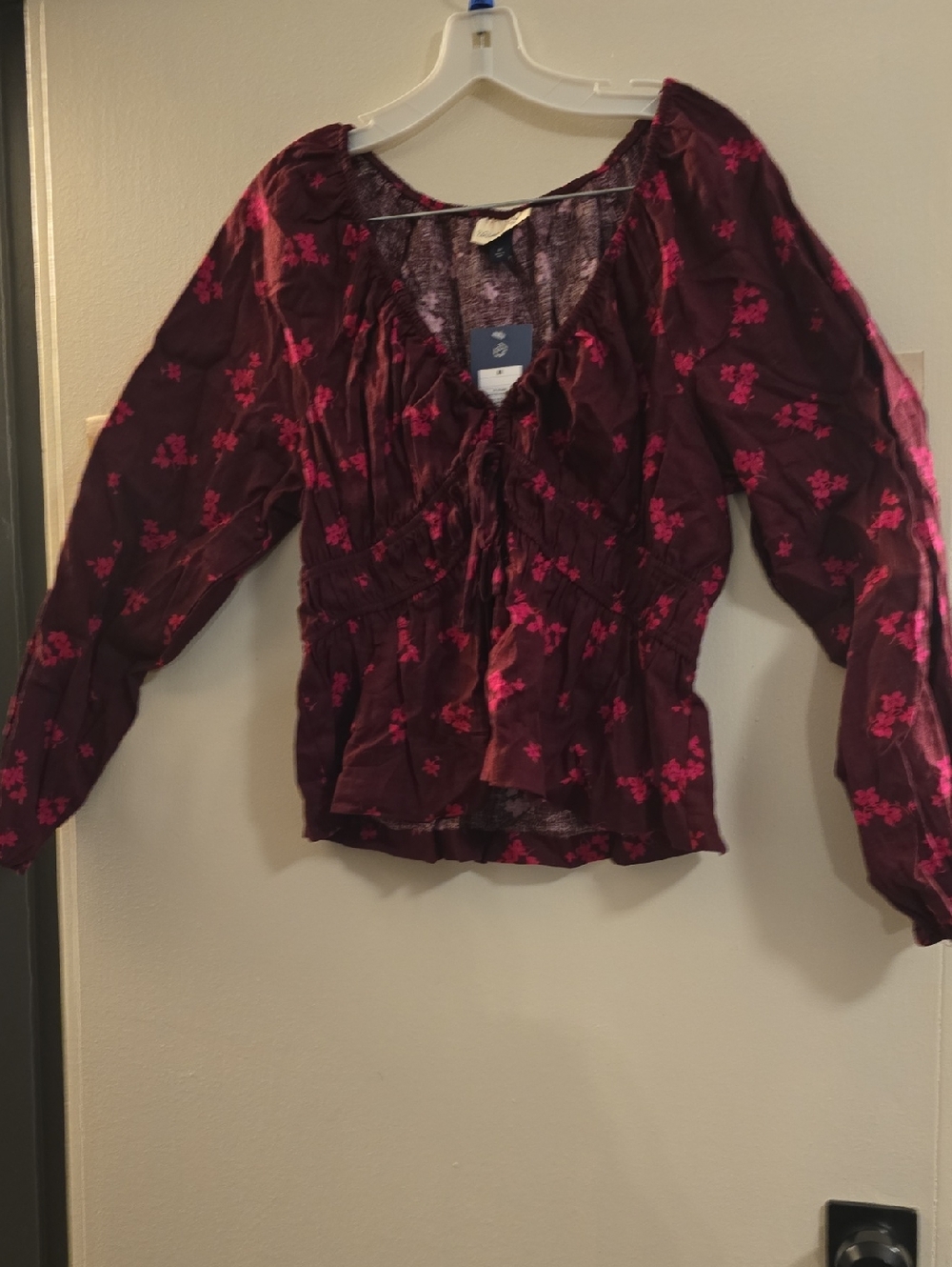 Universal Thread Burgundy Peasant Blouse with Pink Floral Print